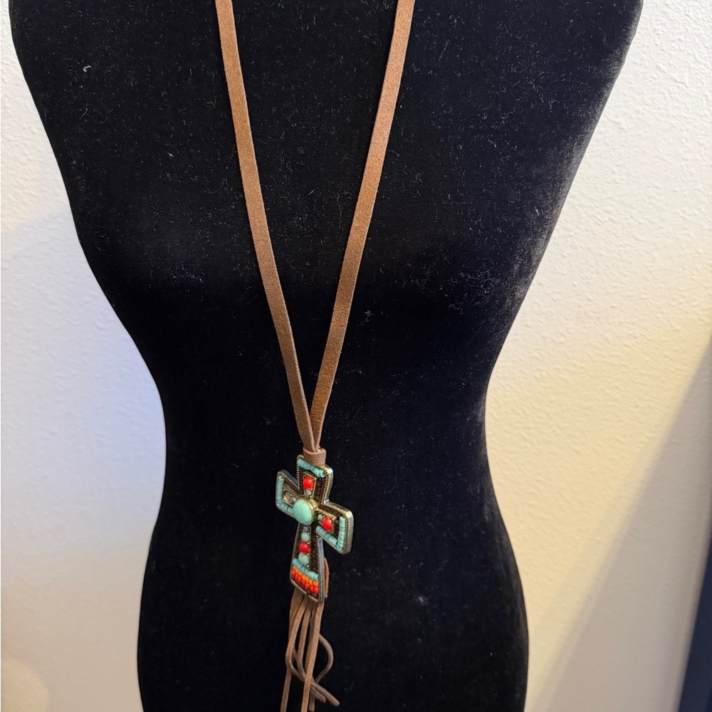 Southwestern Boho Cross Necklace w/ Suede Cord & Fringe